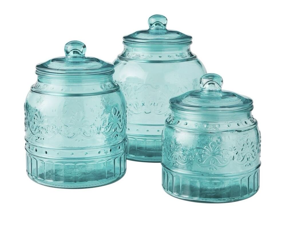 The Pioneer Woman Cassie Embossed Teal Blue Glass Canister Set - Set Of 3